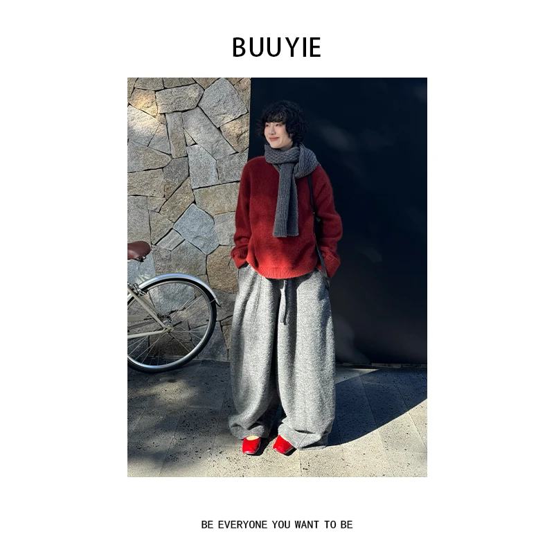 BUUYIE【枫甄】绵羊毛针织毛衣女2025新款冬季宽松慵懒毛线衣251360