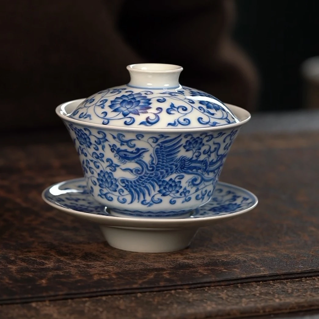 【品遗敬仁】聚澜堂手绘青花凤凰穿枝三才马蹄盖碗120cc