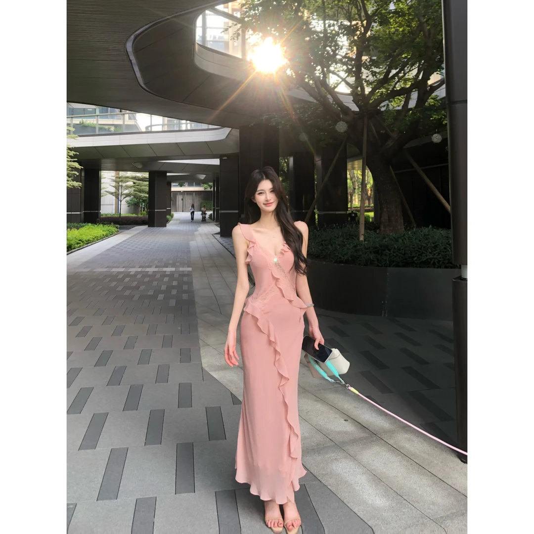 撩人法式优雅荷叶边雪纺蕾丝吊带连衣裙0119