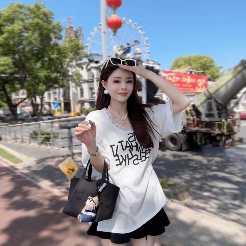 夏季新款韩版时尚百搭宽松型五分袖T恤印花宽松休闲风圆领上衣潮