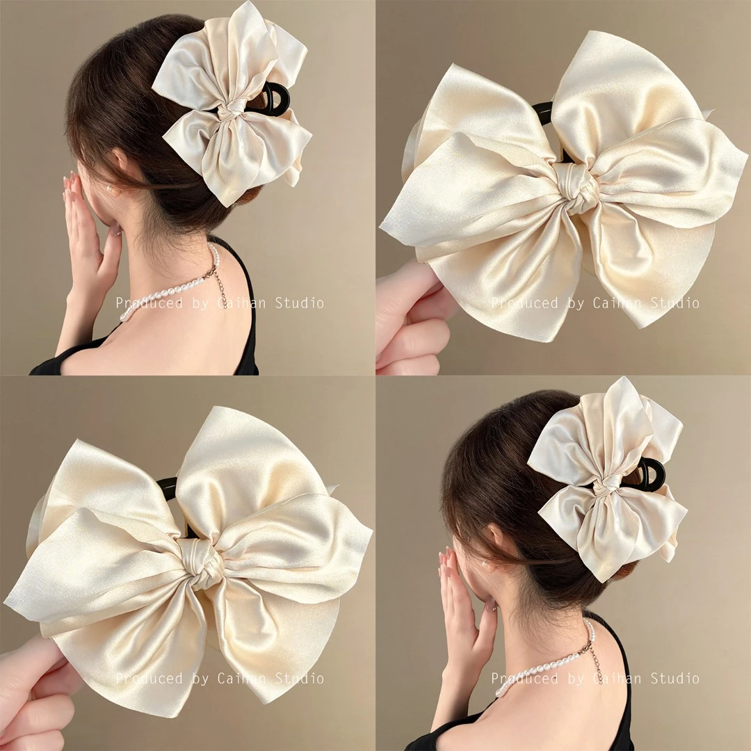 法式缎面蝴蝶结抓夹女高级感温柔气质鲨鱼夹大号旅行
