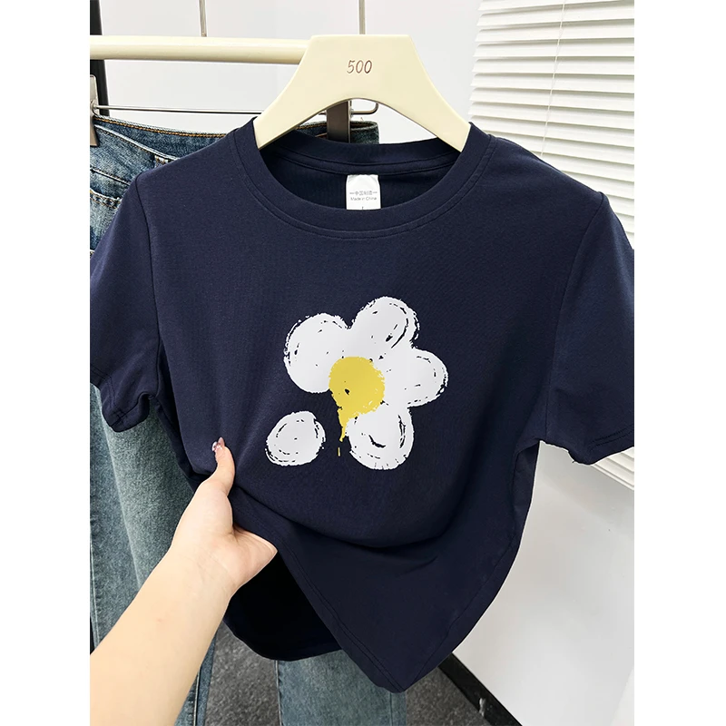 正肩大码短袖女t恤胖mm显瘦穿搭时尚圆领花朵印花半袖上衣夏新款