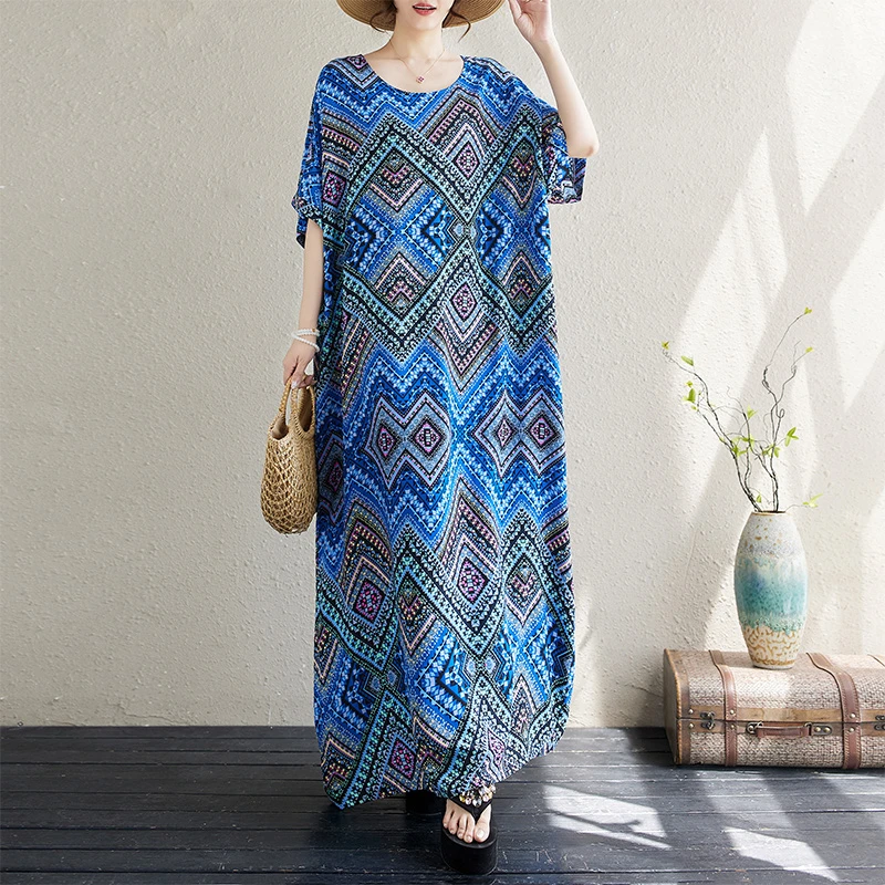 加肥加大V领棉麻宽松大码简约度假风长裙女条纹短袖蝙蝠袖连衣裙