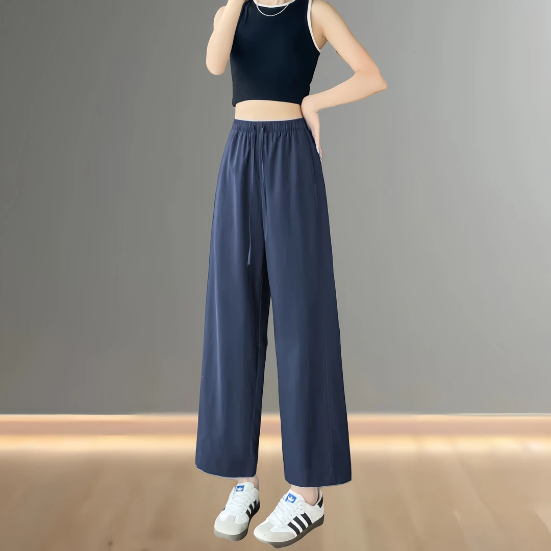 藏青色直筒休闲裤子女夏季防晒防蚊莱赛尔天丝宽松垂感小个慵懒风