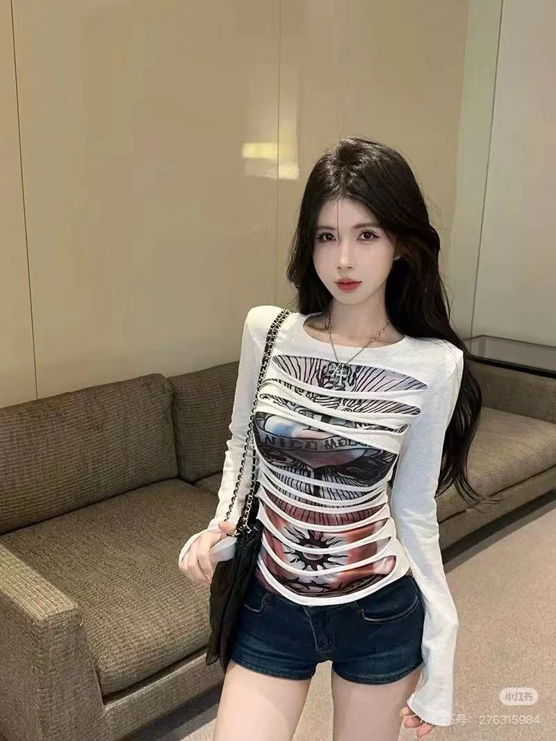 秋冬新款外穿打底黑白T恤重工长袖朋克风辣妹风休闲吸汗女破洞