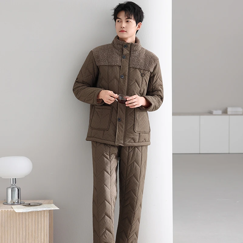 男士睡衣大码宽松羽绒夹棉加厚保暖加绒立领冬款家居服套装可外穿