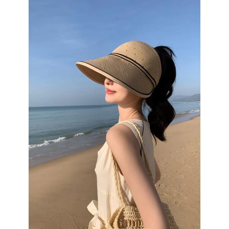 无顶女草帽遮阳帽帽子渔夫帽防紫外线夏天遮脸太阳帽户外时尚百搭
