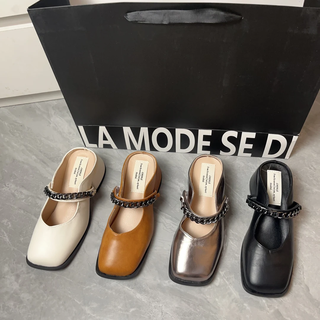 2025年夏季新款网红休闲复古风时尚链条气质百搭简约爆款半拖跟鞋