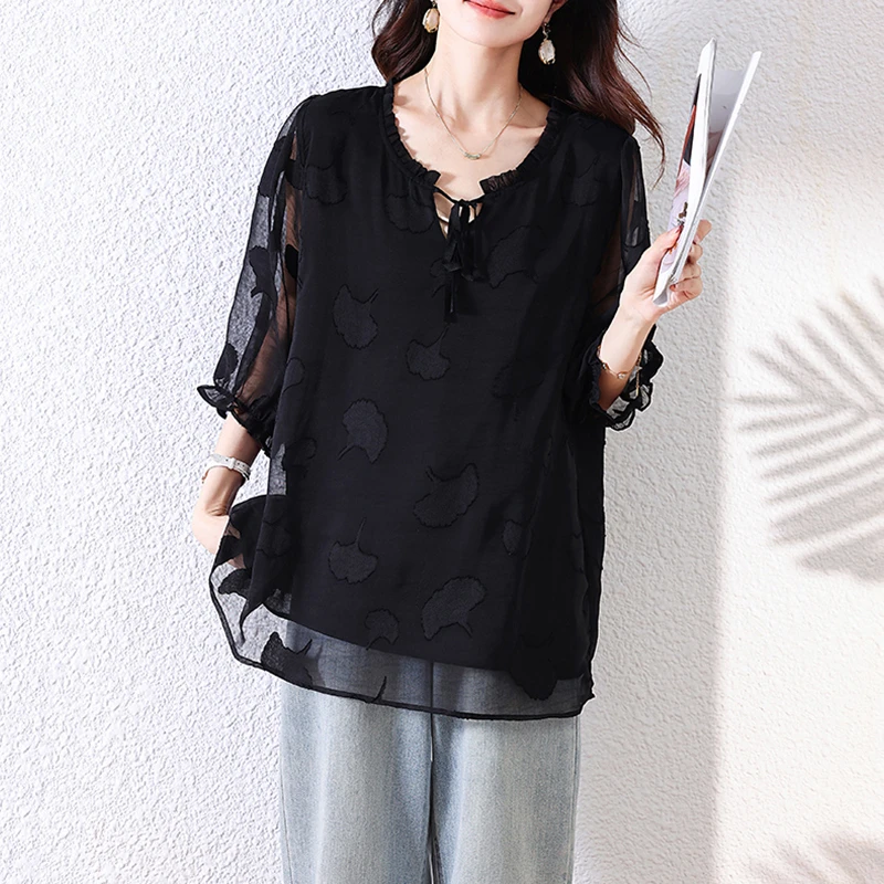 黑色时尚v领雪纺衫女夏季2025新款宽松减龄洋气遮肚大码中袖上衣
