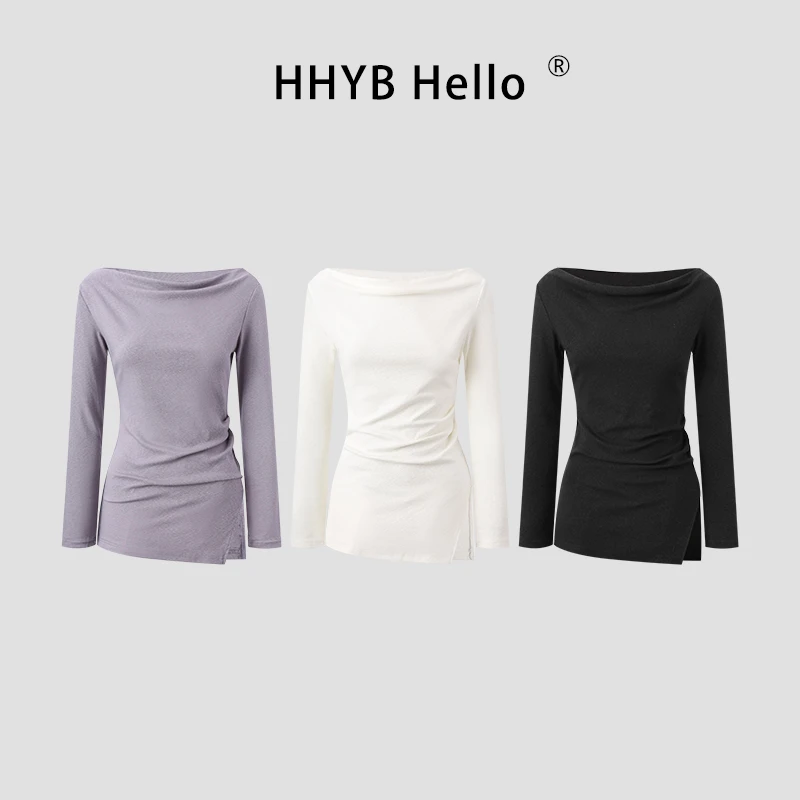 HHYB Hello小众褶皱不规则一字领长袖T恤女打底衫内搭上衣250624