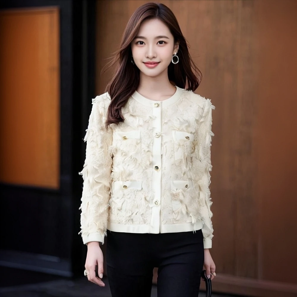 【TA图】剪标小香风重工圆领毛边提花垫肩外套女021品牌折扣25春