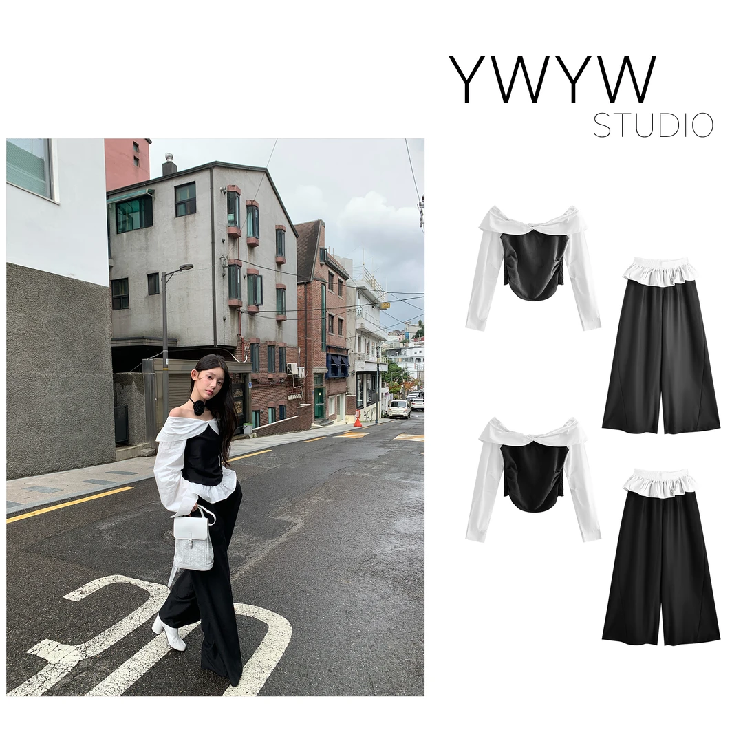 【YWYW25F/W】一字肩花瓣领上衣+弹力拼接花边休闲直筒裤套装5288