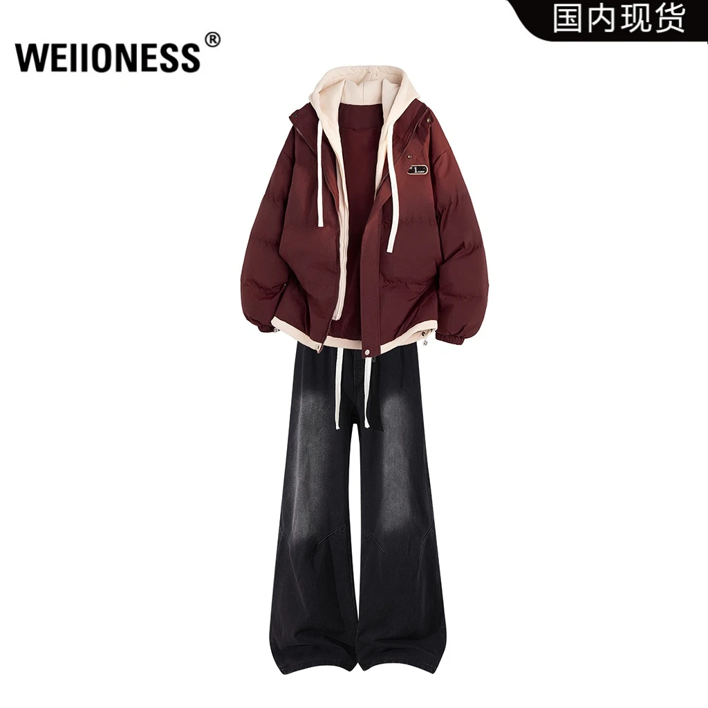 WEIIONESS潮流假两件棉衣套装男秋冬时尚痞帅两件套连帽休闲男装
