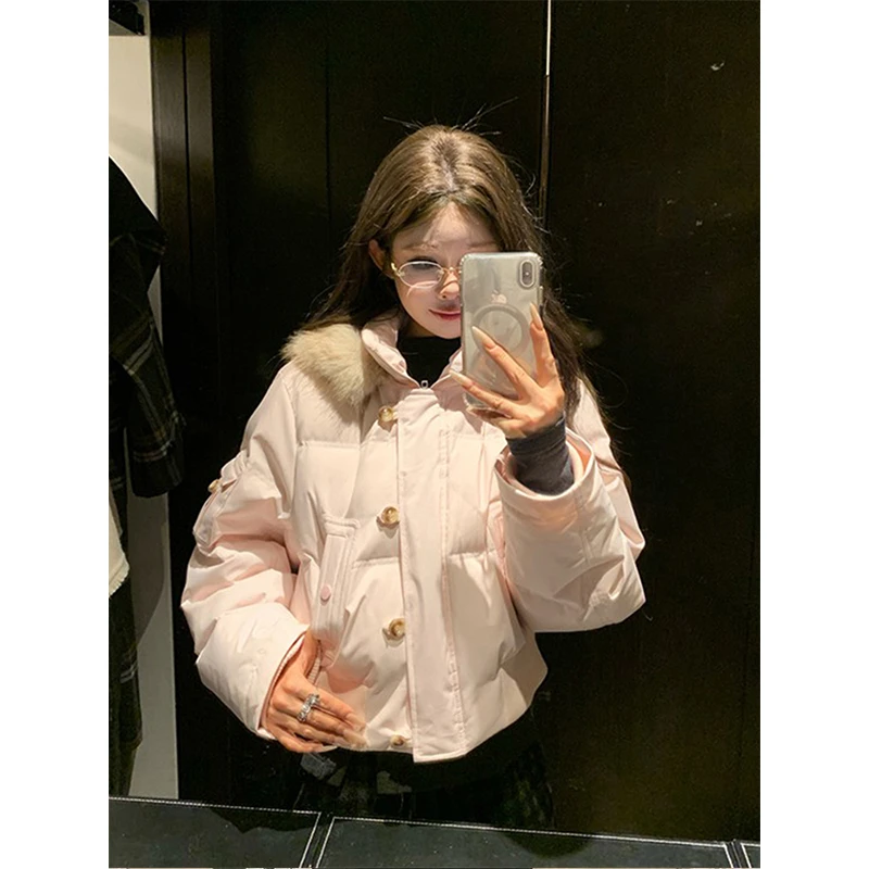 韩系粉色毛领连帽棉服女冬季新款设计感加厚保暖休闲棉衣棉袄外套