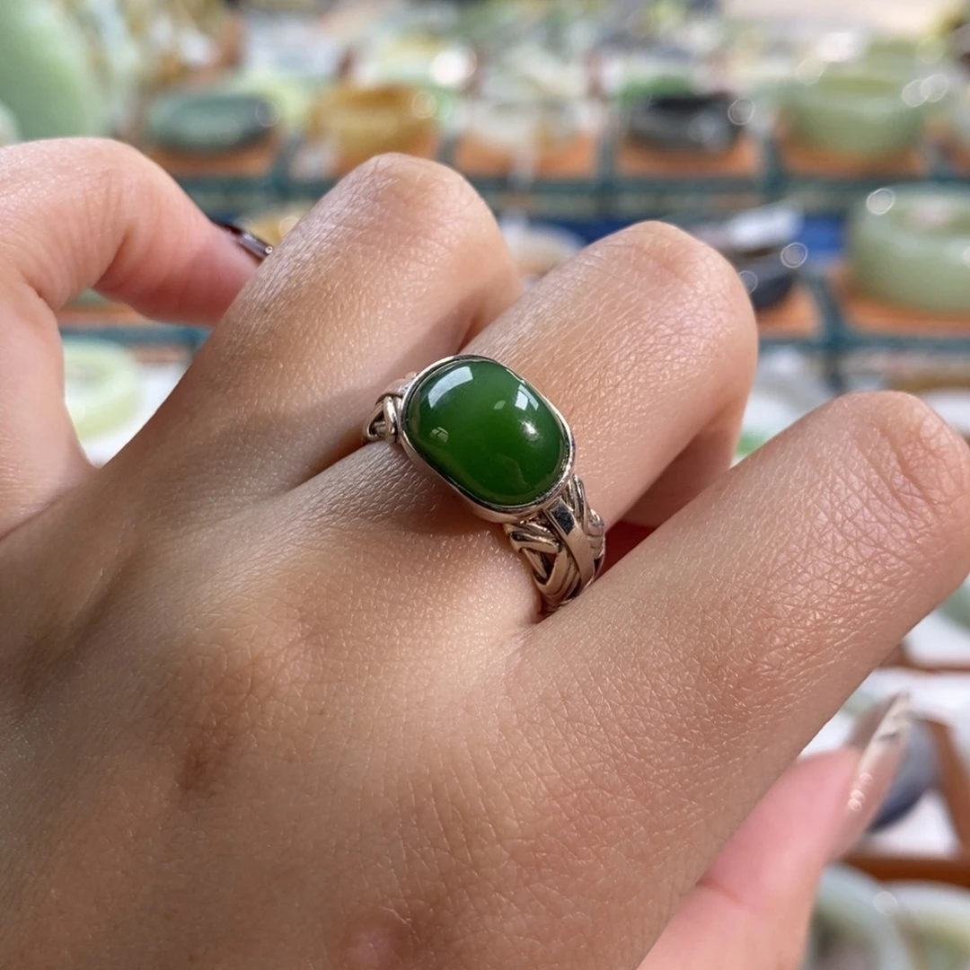 和田玉银S925镶嵌手镯碧玉绿猫戒指