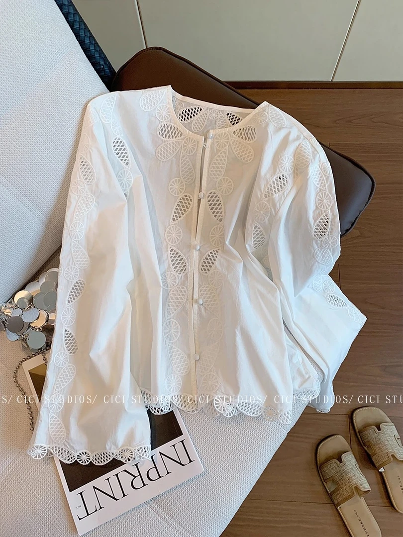 老钱风设计感刺绣镂空白色长袖衬衫女2025秋季温柔气质高级感衬衣