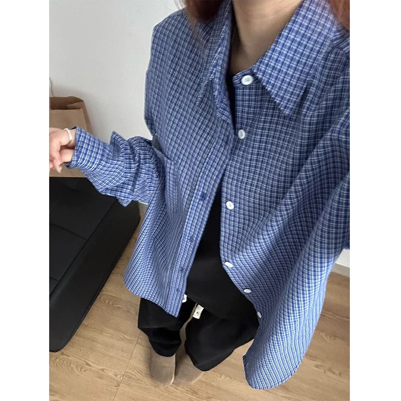 美式复古蓝色格子衬衫男款高级感慵懒风cleanfit休闲长袖衬衣外套