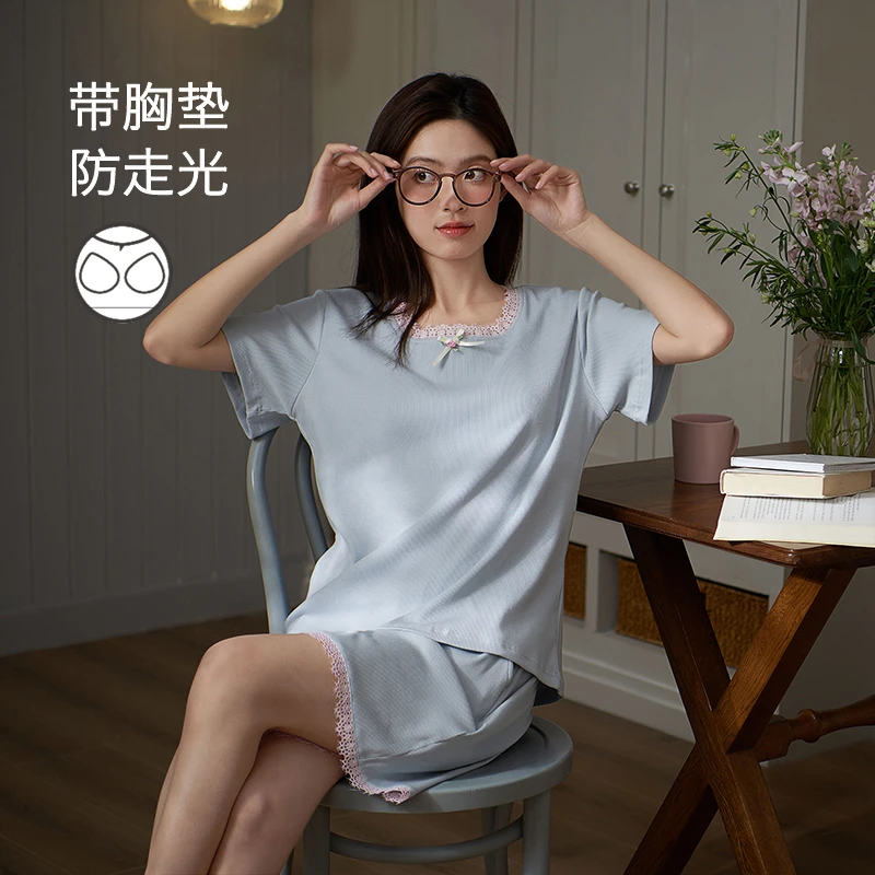 思莉太太睡衣女款夏季韩版带胸垫短袖短裤甜美蕾丝夏天凉感家居服