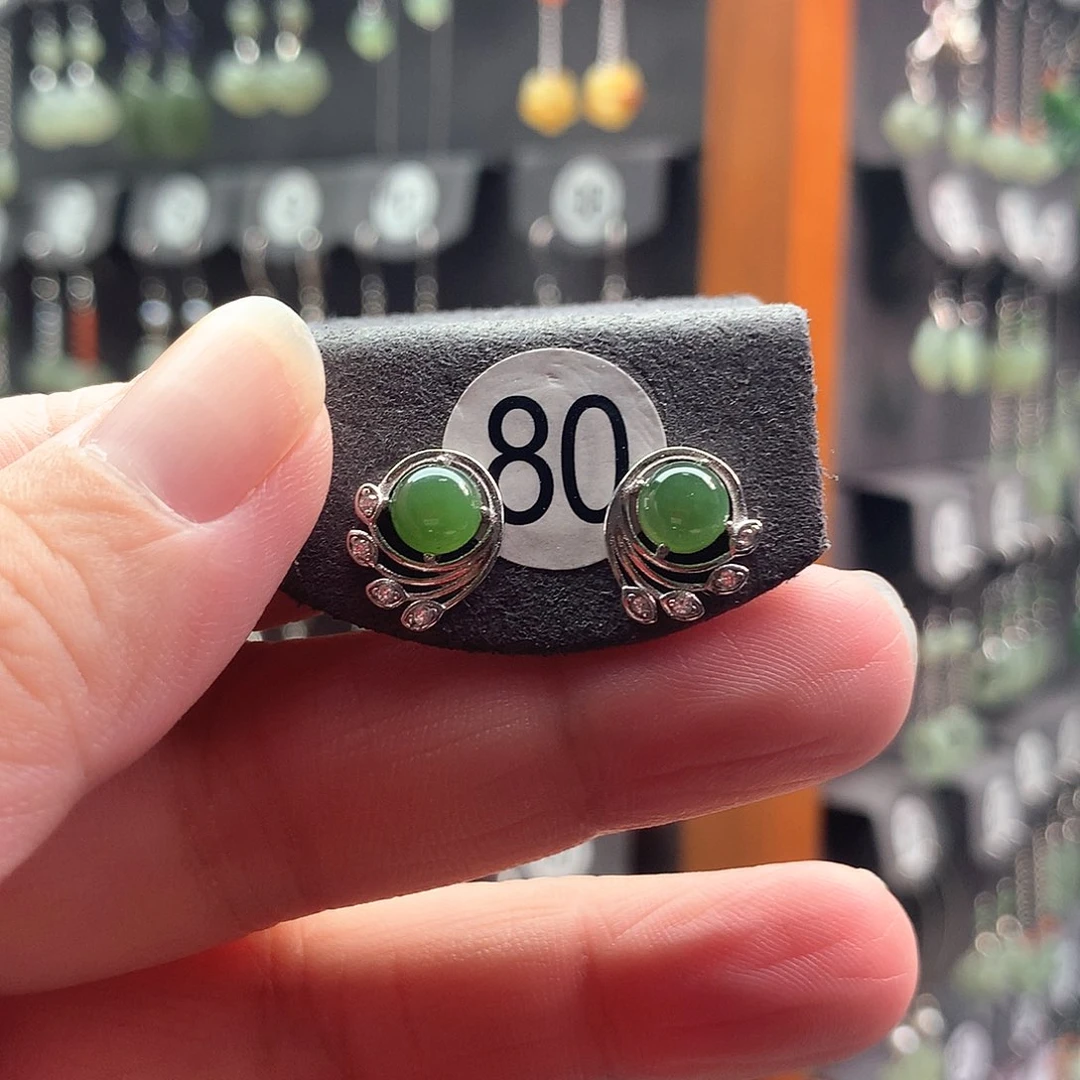 和田玉银S925镶嵌耳饰80