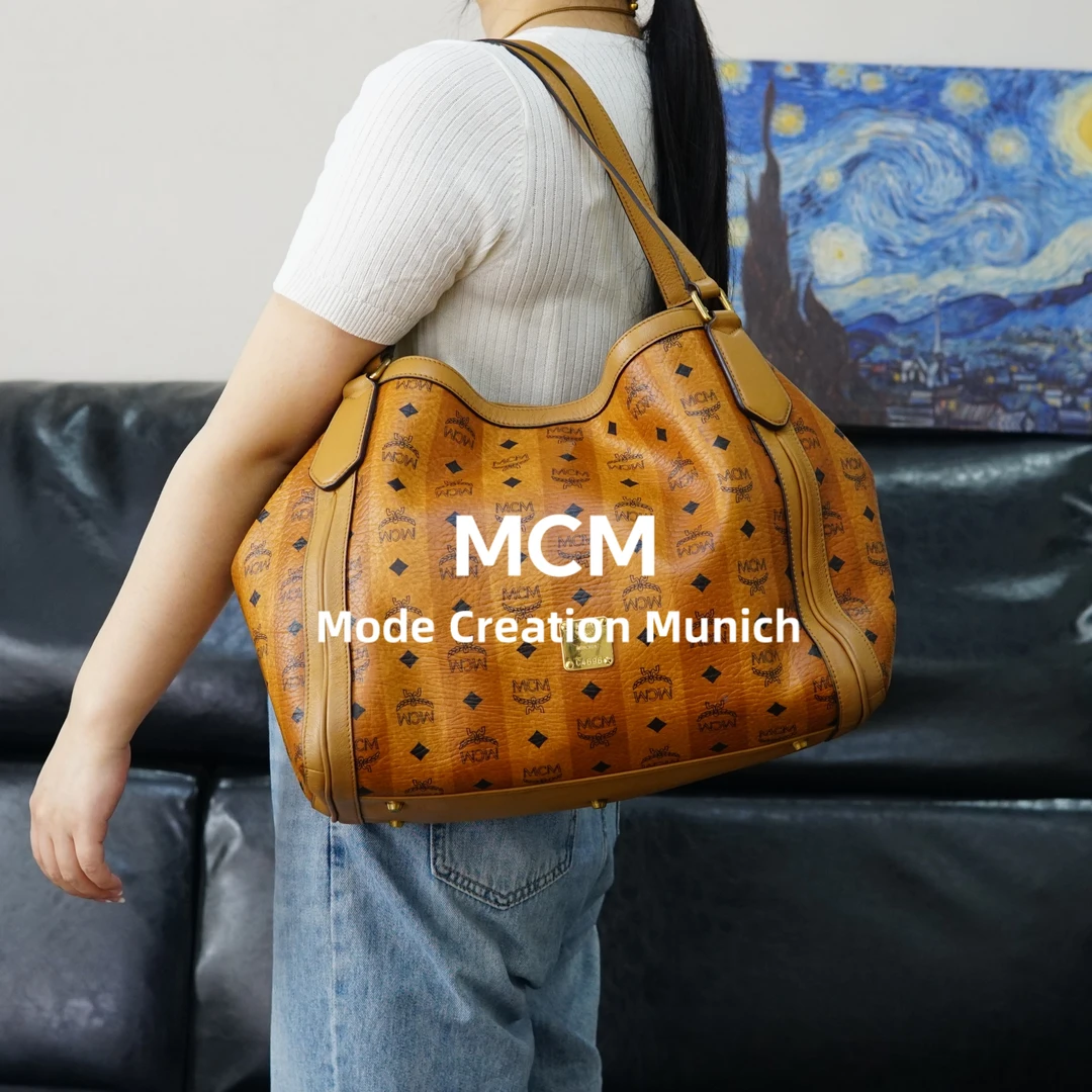 95新 MCM 干邑色条纹单肩袋/FYEE04620002/0002