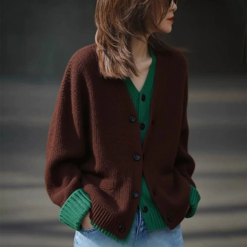 撞色假两件开衫毛衣女秋冬慵懒高级感减龄宽松显瘦V领针织衫上衣