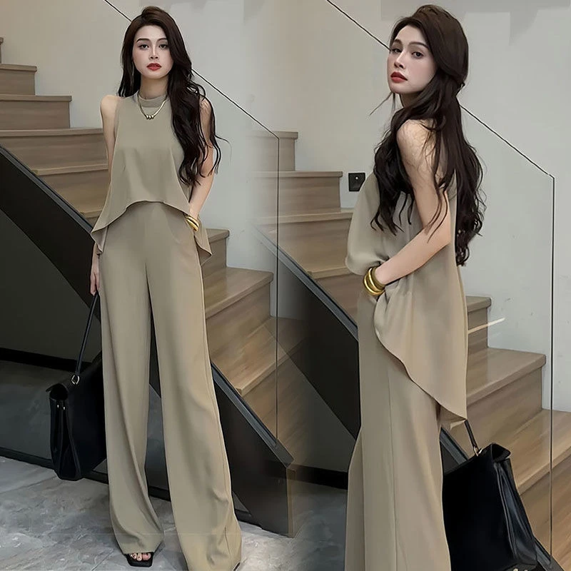 夏季新款休闲时尚高级感气质御姐风无袖上衣高腰阔腿裤两件套