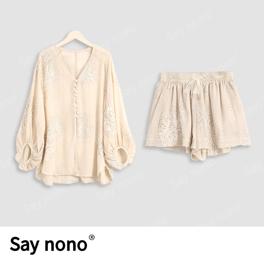 懒猫nono│Saynono V领衬衫外套+抽绳短裤套装/ZC10275