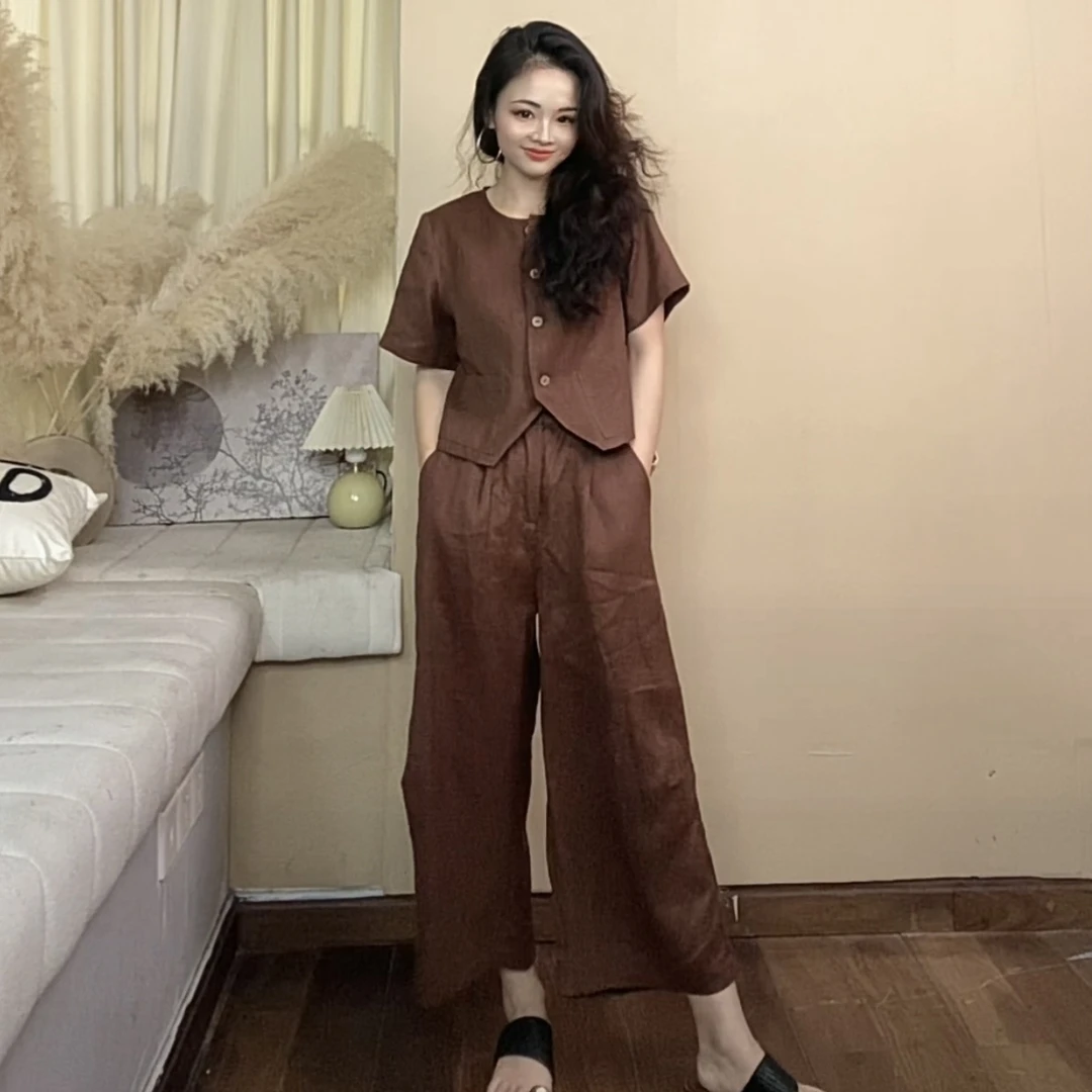 柚兮原创小众设计～100%亚麻高级感上衣休闲半裙八分裤老钱风套装