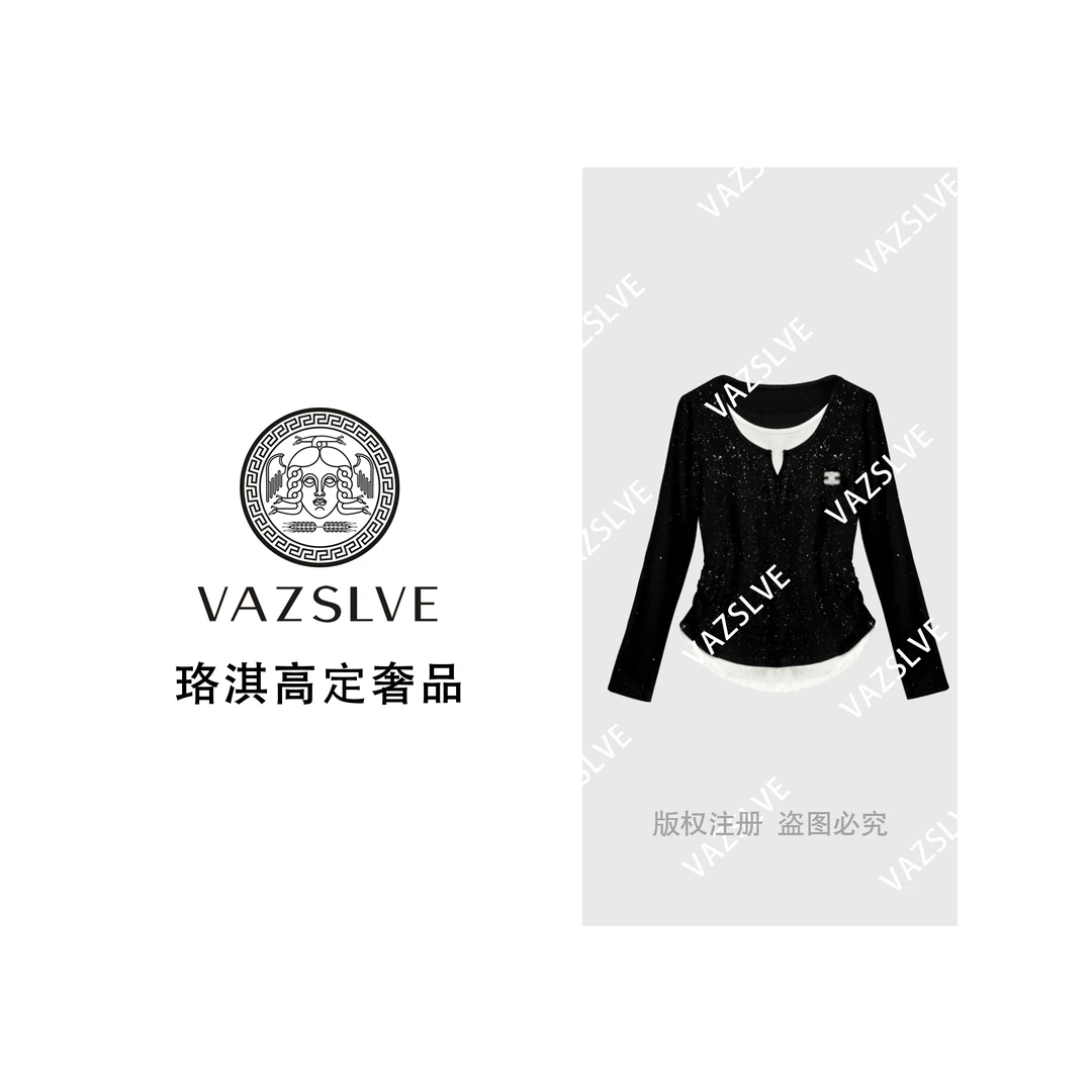 【VASLVE/珞淇高定】68319#假两件烫钻收腰T恤2025秋冬潮流上衣