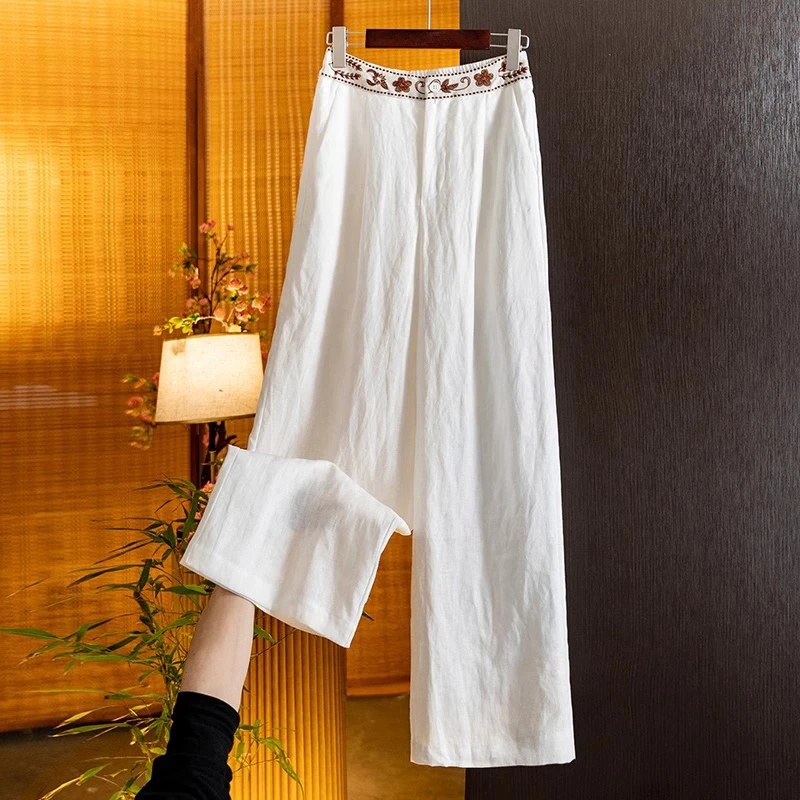 新中式阔腿裤国风民族风复古女装直筒休闲裤夏季薄款高腰刺绣长裤