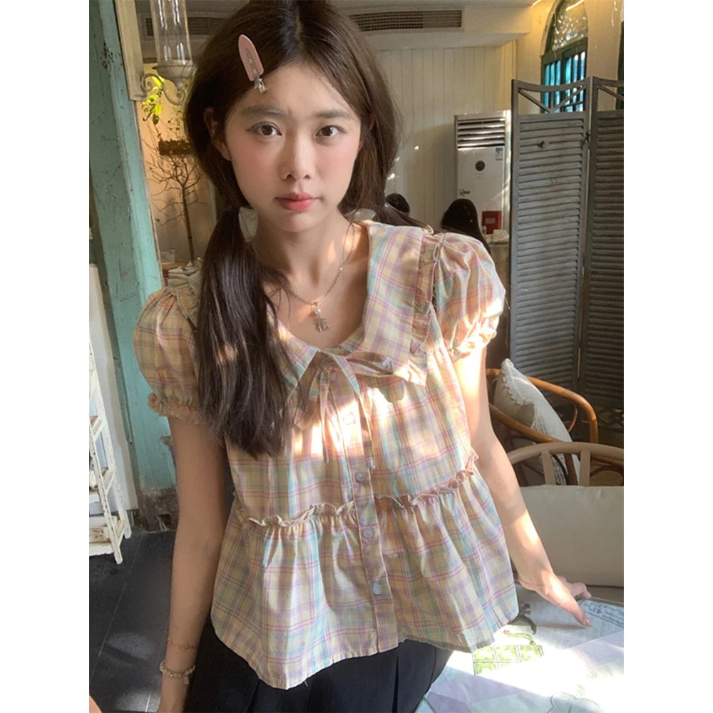 彩色格纹娃娃领短袖衬衫女夏小个子宽松显瘦泡泡袖衬衣上衣
