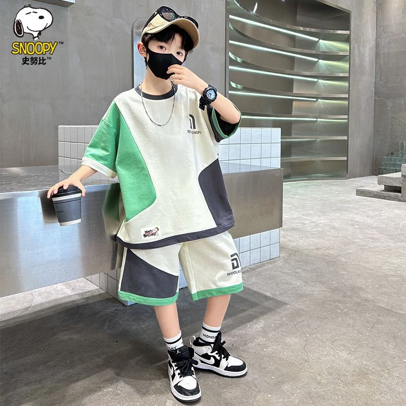 史努比男童套装夏装新款儿童休闲短袖中大童男孩宽松运动两件套潮