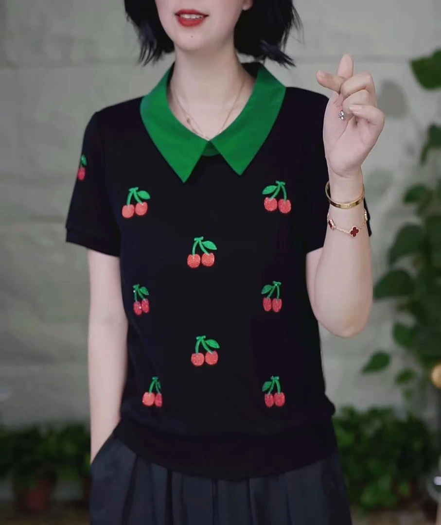 夏季新款休闲宽松显瘦方领 撞色荔枝刺绣百搭气质减龄上衣T恤