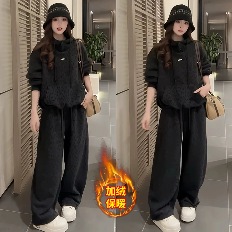加绒加厚时尚套装女2025秋冬新款一整套豹纹连帽卫衣阔腿裤两件套
