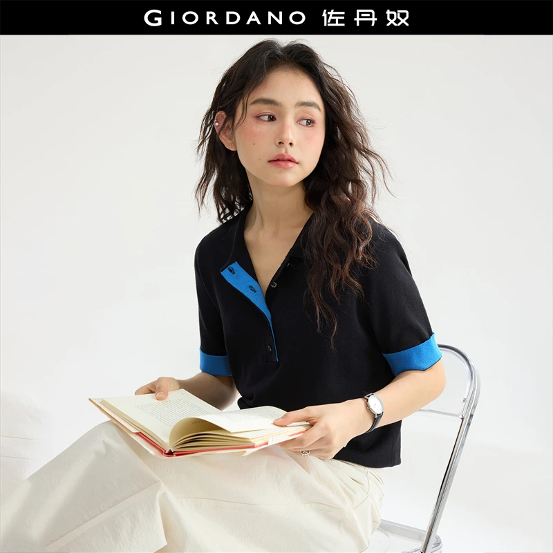 佐丹奴针织衫女装撞色边短袖毛织POLO针织衫 18355504