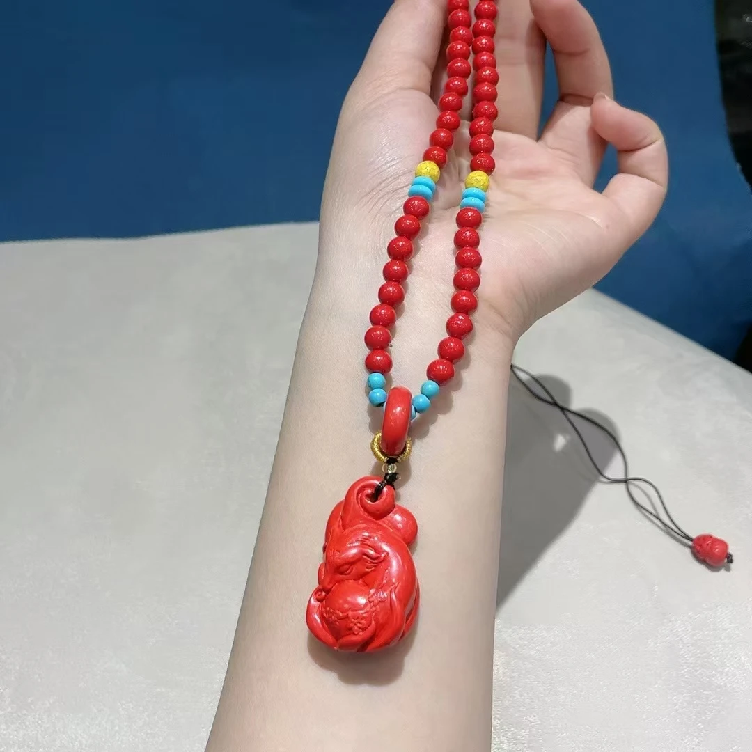含辰砂工艺品朱砂红砂九尾狐项链