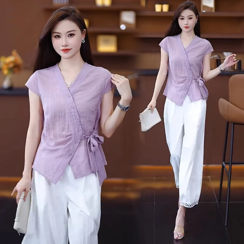 时尚套装女2025夏季新款洋气显瘦绑带短袖衬衫阔腿裤气质两件套潮