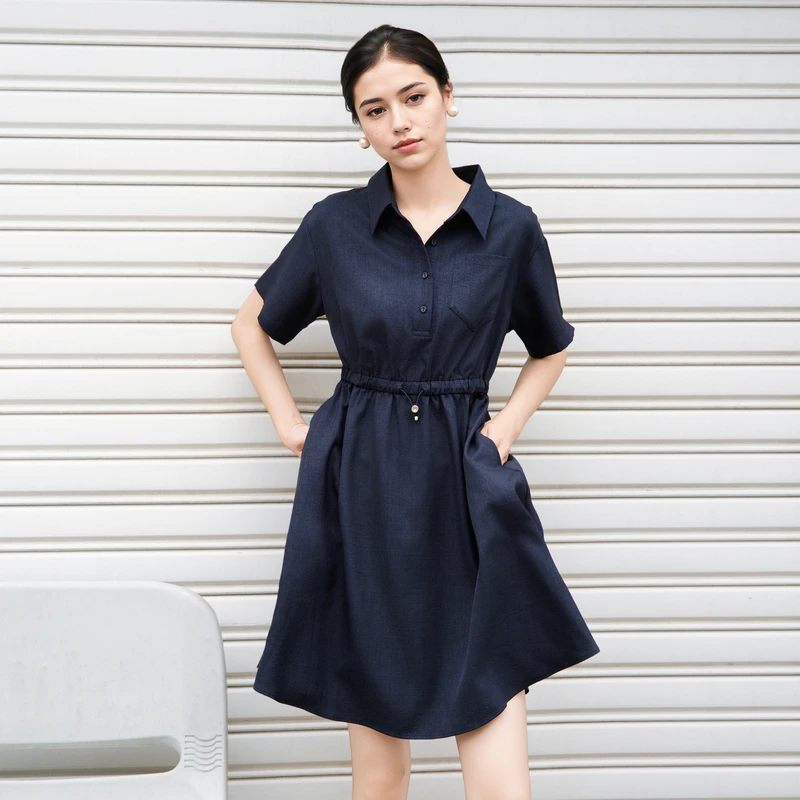 谜底连衣裙短袖2025夏季新款休闲百搭腰部抽绳深蓝短裙257ML7833