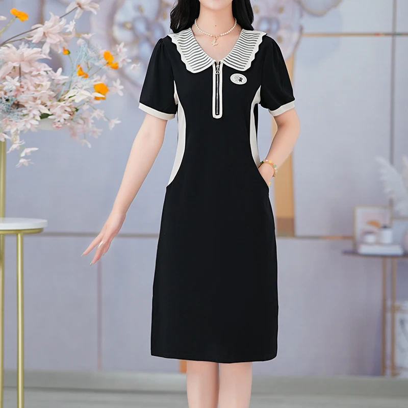 春夏新款连衣裙休闲遮肚气质裙洋气拼色黑色显瘦时尚减龄裙