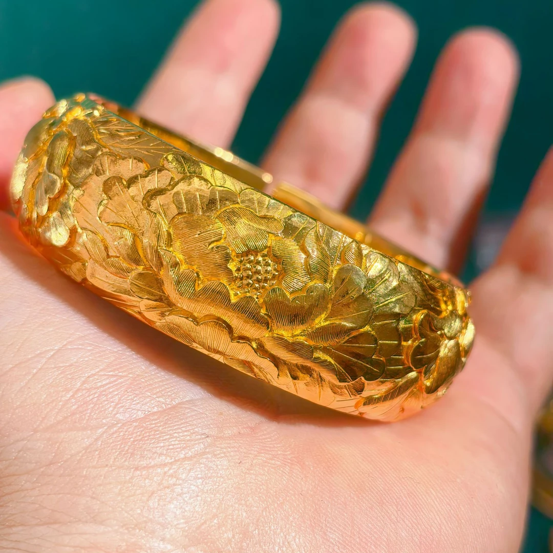 足银手镯 发丝牡丹花手镯纯手工簪刻小众大气婚嫁手镯可定制送礼