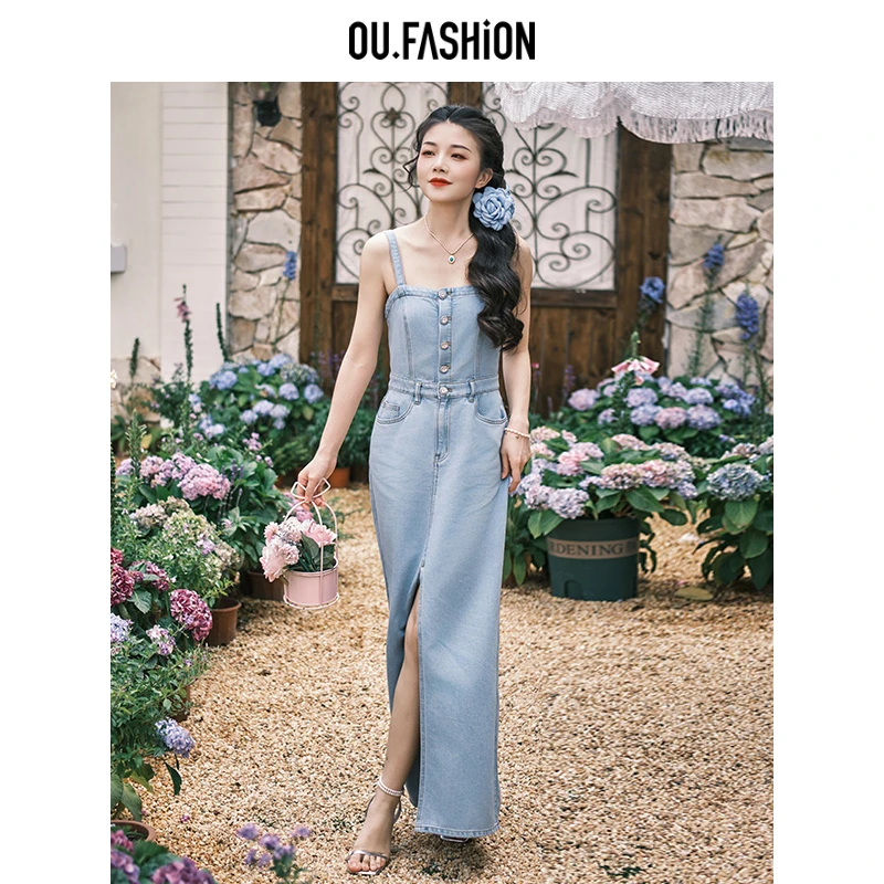 OU.FASHION/欧点简约复古背带牛仔裙吊带连衣裙1122420076