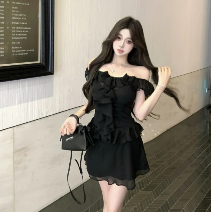 纯欲辣妹风修身气质性感黑色上衣两件套装裙裤显瘦百搭两件套