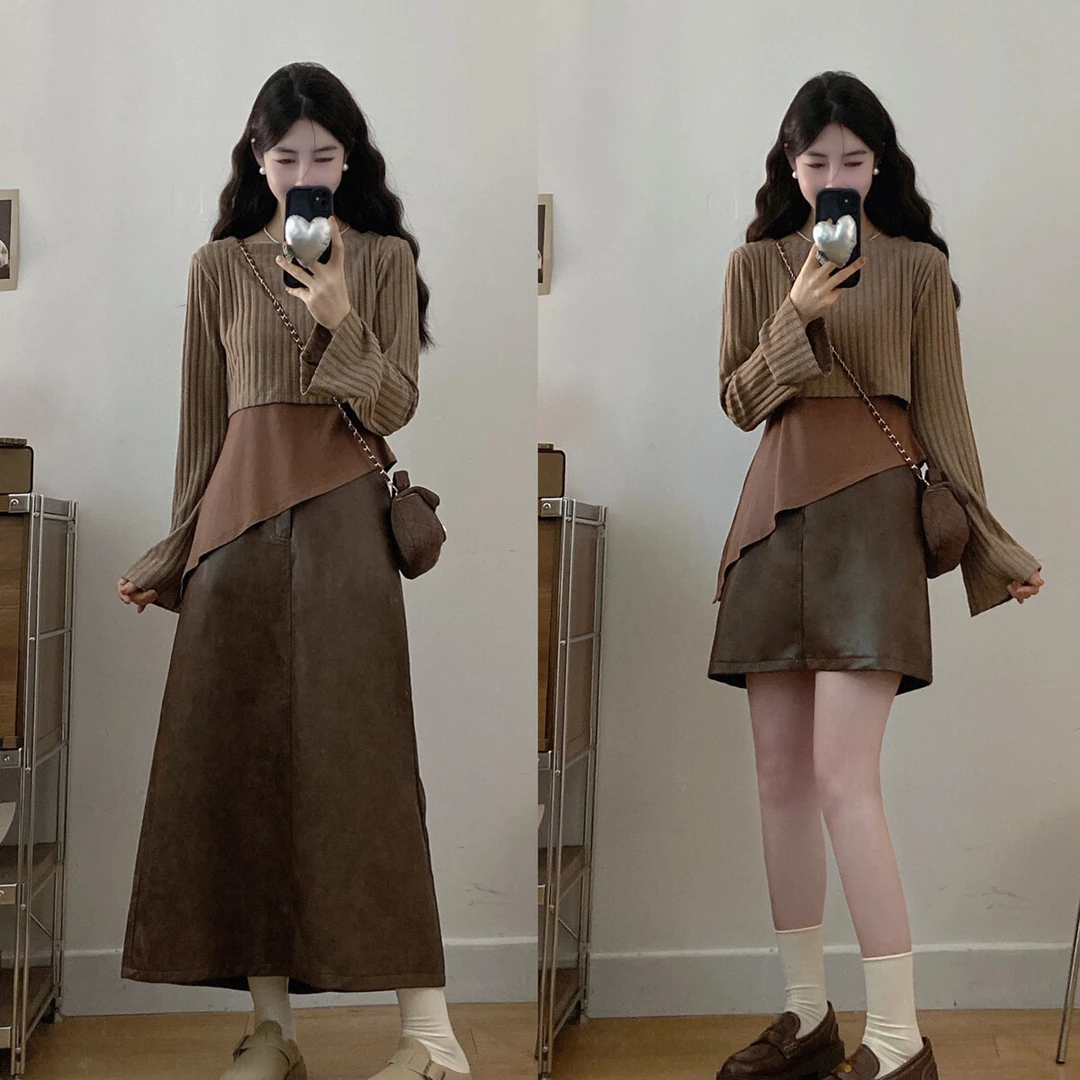 微胖女装 2025年秋复古减龄时尚三件套焦糖摩卡