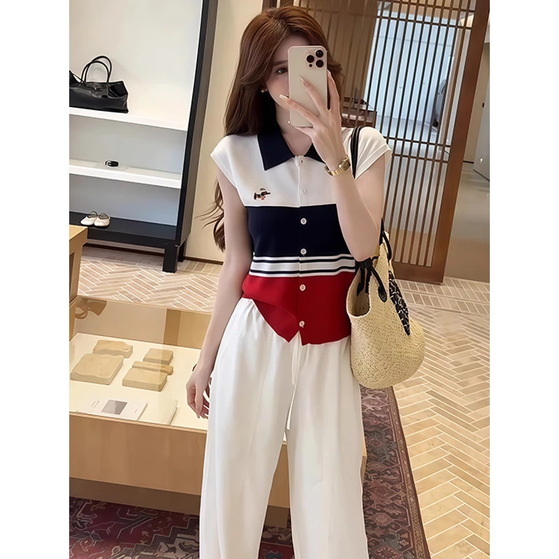 夏季独特polo翻领撞色条纹针织开衫上衣设计感小众飞飞短袖t恤女
