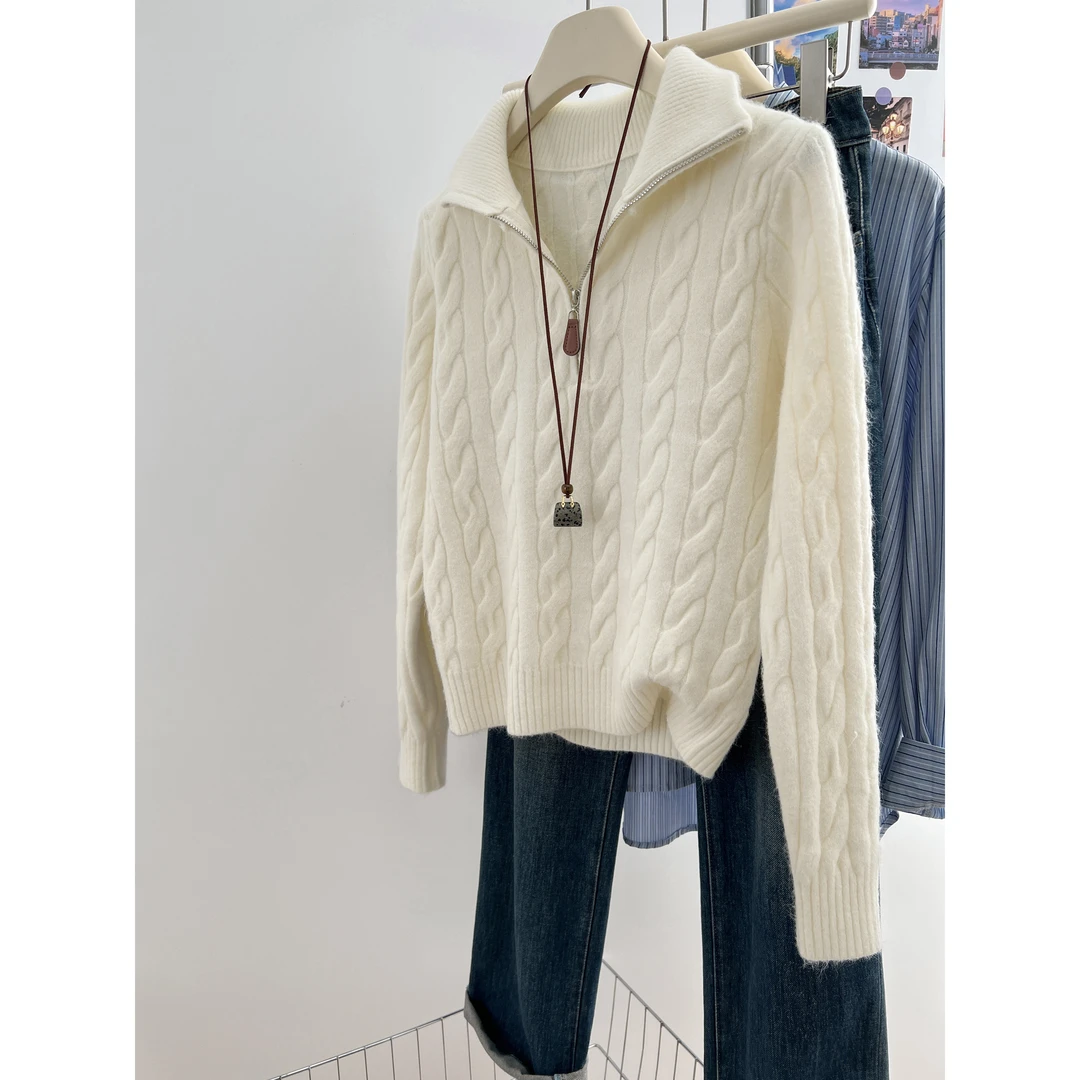 翻领半拉链麻花毛衣女春秋冬新款白色套头针织衫显瘦内搭长袖上衣