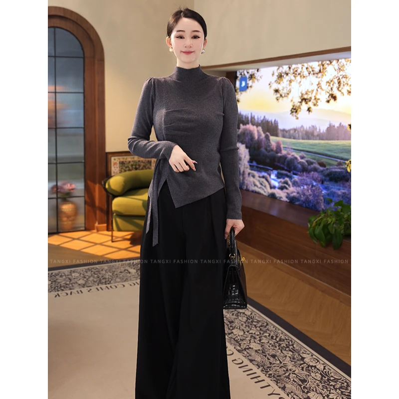 2026年秋冬新款【8458】含绵羊毛高级感灰色立领长袖针织衫毛衣女