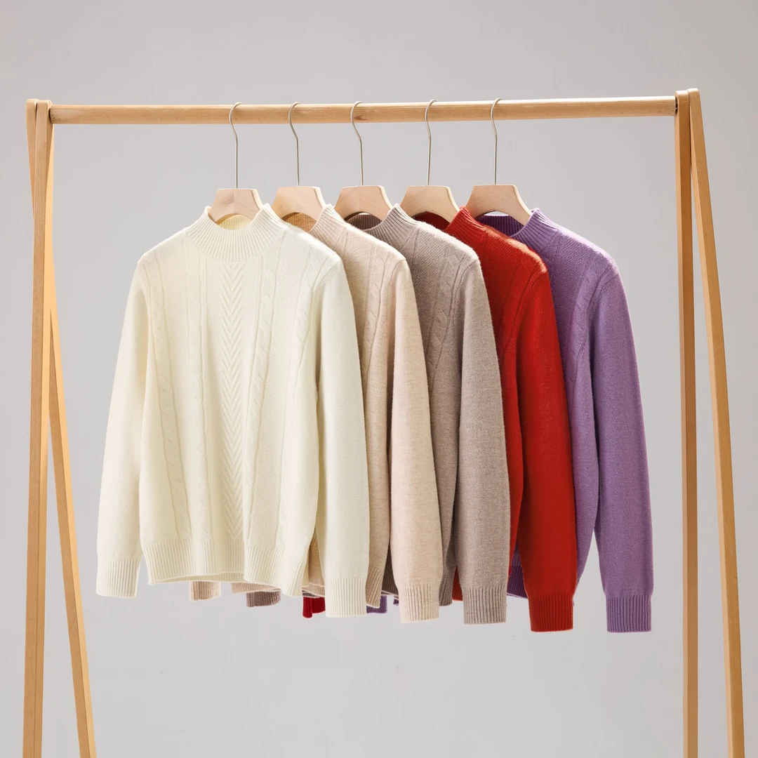 2025秋冬半高领厚款通勤风老钱风针法纯羊毛衫QFY5051