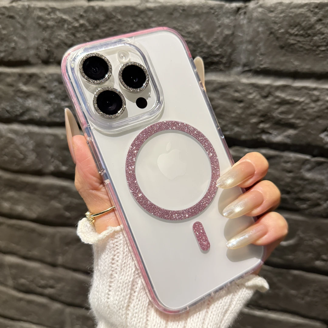 透明闪粉磁吸适用苹果16promax手机壳iPhone15闪钻镜头膜14时尚13