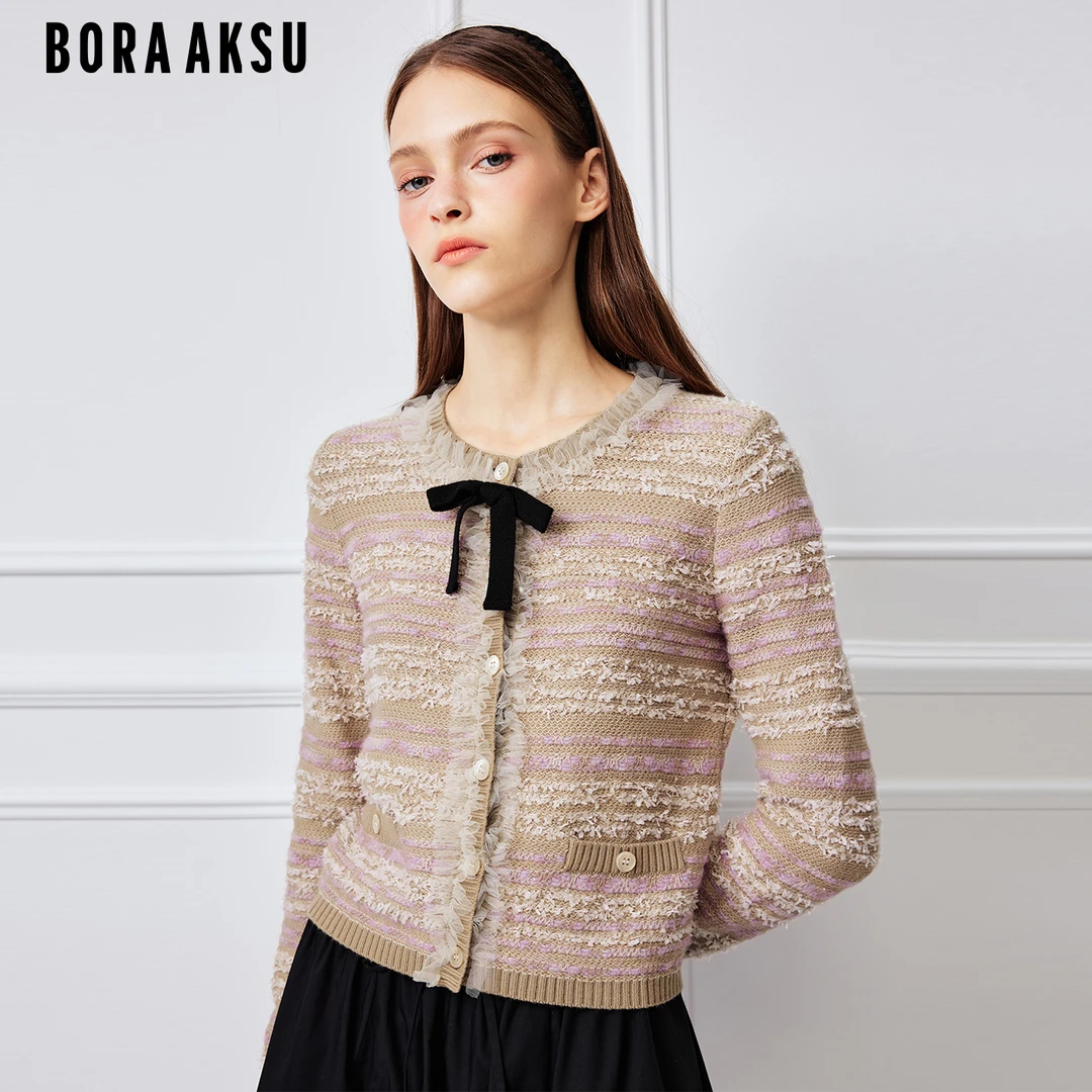BORAAKSU2026春季新品法式浪漫蝴蝶结花边立领针织开衫B1GAW08600