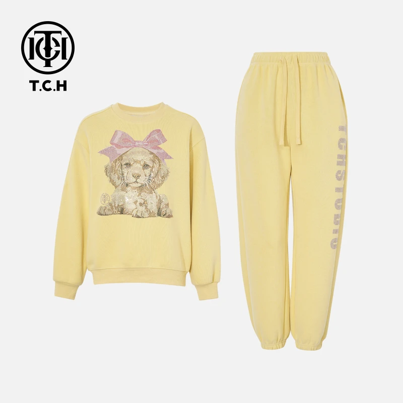 TCH私服秋款慵懒风烫钻时尚淑女黄色套装女T75C07E1117轻奢tch